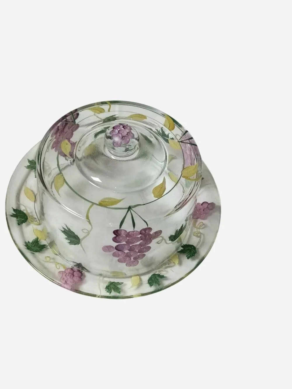 Hand-Painted Glass Cheese Dome with Grapevine Design - Purple